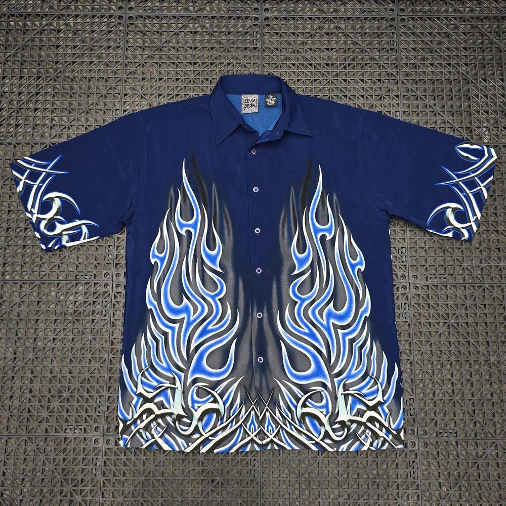 VTG Authentic Shaolin Shirt Youth XL Men's Size M Blue SS Button Up Flames Y2K
